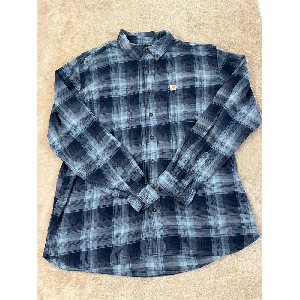 Carhartt Shirt Jacket Men Size 2XLT Tall Blue Plaid Button Up Relaxed Fit EUC